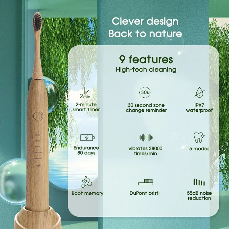 Eco-vriendelijke bamboe sonic elektrische tandenborstel met 6 zachte opzetborstels